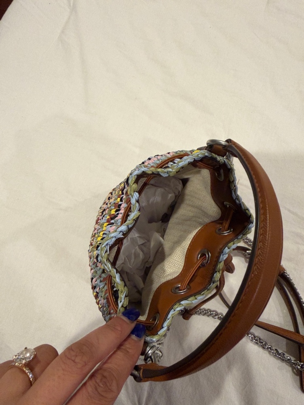 Tory Burch Multicolor Woven Mini Bucket Bag with Tan Leather Trim - Picture 4 of 5